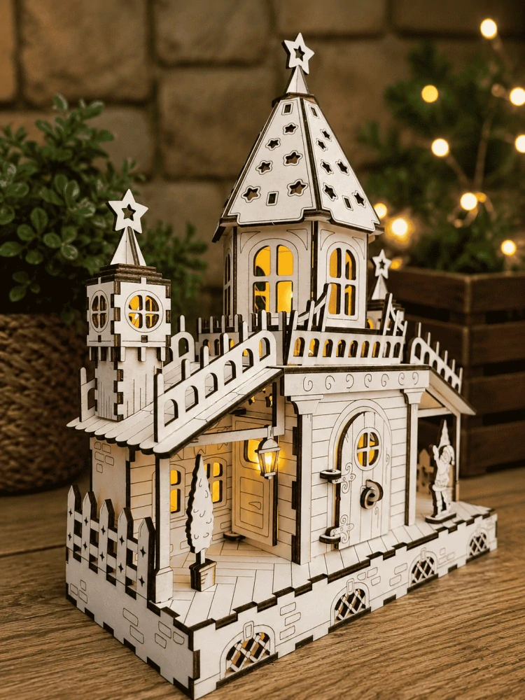 Drevený svietiaci vianočný domček LED – 3D dekorácia s teplým podsvietením